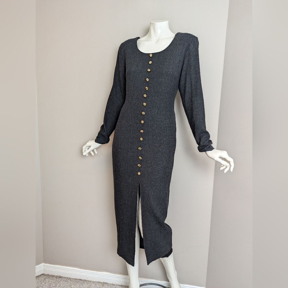 Vintage Wool Blend Midi Dress Gray Long Sleeve Button Front Small Shoulder Pads
